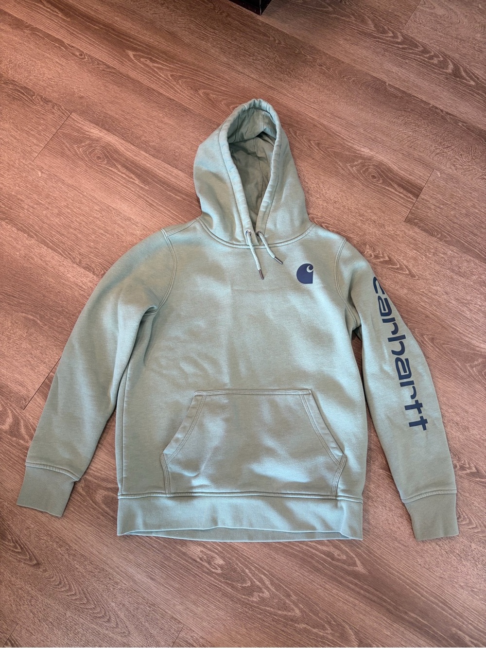 Carhartt Sage Green Logo Pullover Hoodie with Navy Sleeve Script